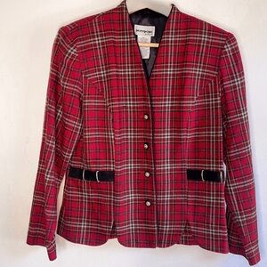Vintage Women's Red Plaid Blazer Velvet trim Academia Preppy Sz 12 L
